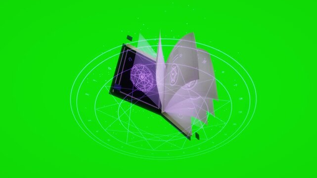 Overhead angle of an ancient grimoire spinning above a glowing green magic circle in a vibrant chroma key isolated 3D animation
