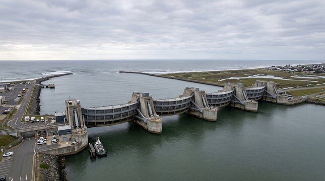 Aerial view of large concrete tidal barrier and flood gate structure across estuary channel