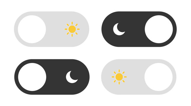 Minimalist toggle switches display light and dark mode settings with flat vector sun moon icons