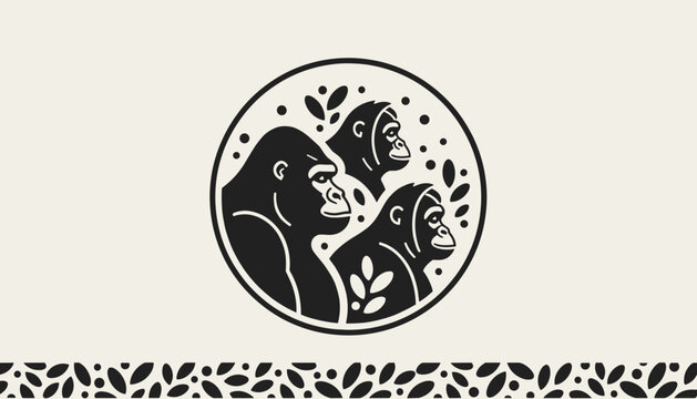 Circular emblem with three gorilla portraits in stylized black and white graphic art surrounded by a leaf pattern.
