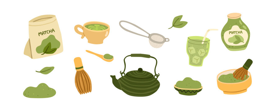 Collection of matcha tea items. Hand drawn beverage preparing set with whisk, bowl, spoon, sifter, teapot, cups, packaging, leaves, and matcha drinks. Flat vector illustration.