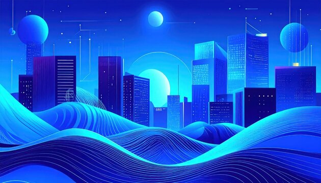 Cyberpunk blue metropolis under planets and starry sky.