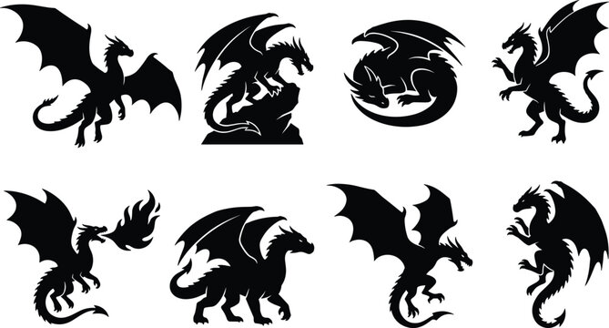 Collection of dragon silhouette icons featuring flying, fire breathing, and mythical creatures in various poses