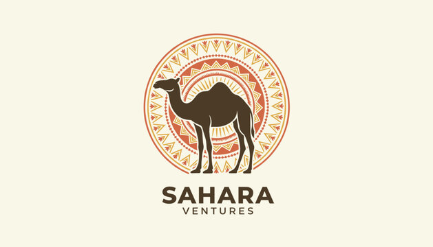 Sahara Ventures travel logo design showing a dark camel silhouette against an orange sun mandala pattern background.