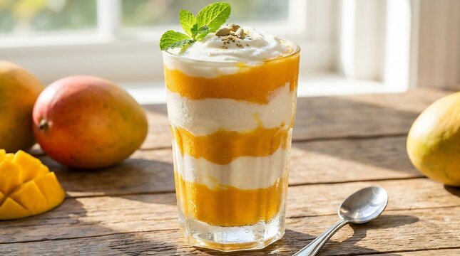 refreshing layered mango lassi drink in a tall glass topped with whipped cream, mint leaves, and crushed nuts, served with fresh mangoes on wood