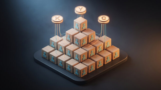 Wooden block pyramid with user icons and glowing KYC discs on dark base