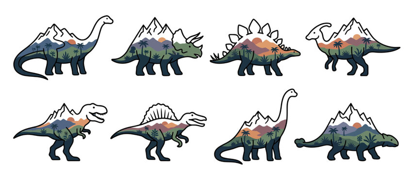 Artistic Dinosaur Silhouettes Filled with Mountain Landscapes