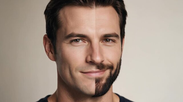 Split face comparison of a man before and after shaving. Half bearded portrait showing a clean shaven side by side. Grooming, beard care and barber advertising