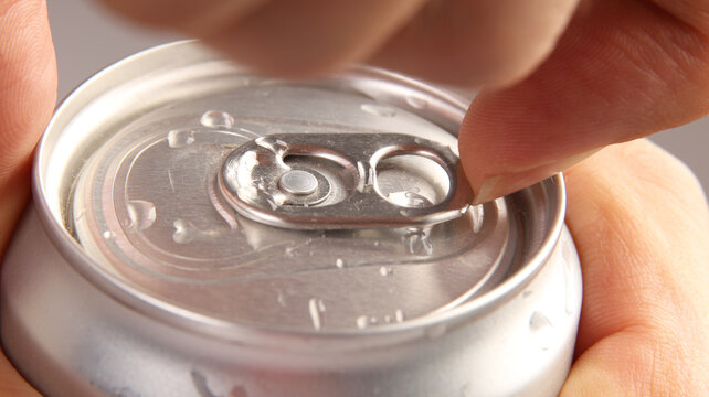 Close up of hands opening an aluminum beverage can