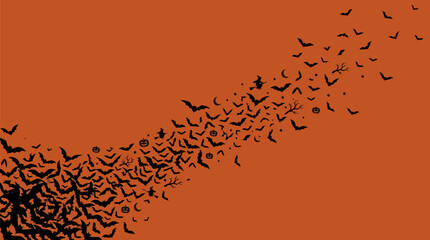 Obraz premium Flying bats with smiling faces against orange sky background with bats fly