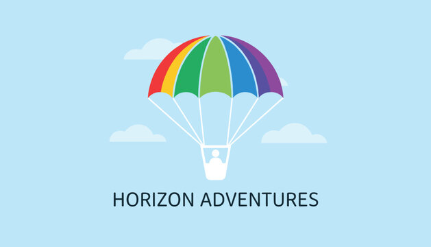 Horizon Adventures logo showcasing a vibrant rainbow-colored parachute carrying a passenger against a soft blue sky with clouds.