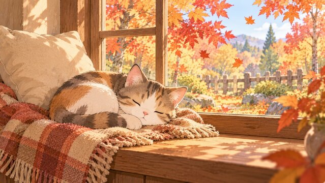 秋窓辺の丸い猫