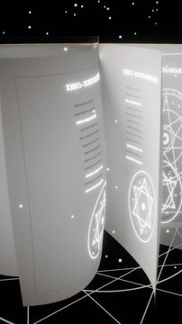 Vertical shot of an open magical codex with illuminated Latin script and glowing arcane diagrams surrounded by particles in a 3D animation