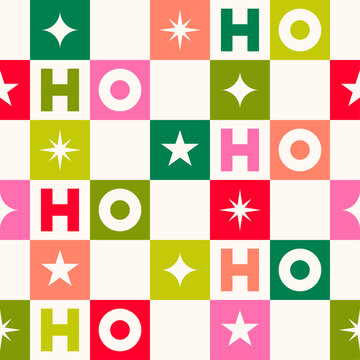 Colorful geometric typography and star seamless square pattern design for Christmas background. Santa claus laughs "HO HO HO".