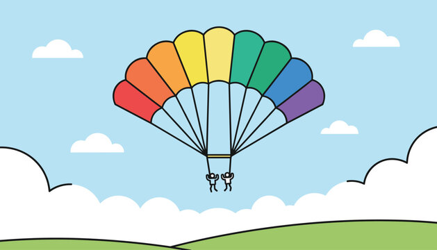Playful illustration of two stick figure people paragliding with a giant rainbow colored parachute in a sunny sky.