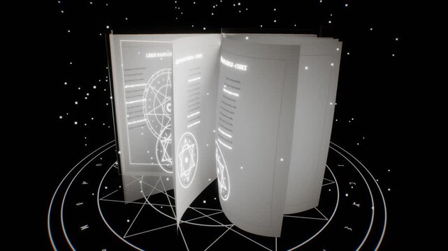 Open medieval grimoire reveals glowing mystical text and runes while white particles float over a dark ritual circle in a 3D motion render