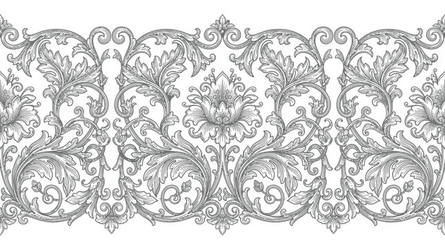 Vintage baroque seamless border, ornate silver floral damask pattern, classic victorian filigree vector for luxury invitations