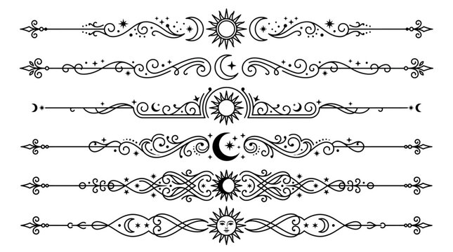Mystical celestial dividers set, 6 black line art borders with sun and moon motifs, occult decorative flourishes for invitations