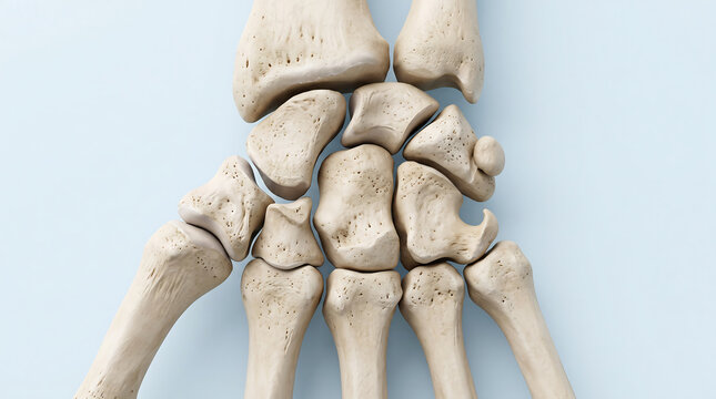 Detailed anatomical model of human wrist carpal bones showing scaphoid lunate triquetrum pisiform trapezium trapezoid capitate hamate and metacarpals