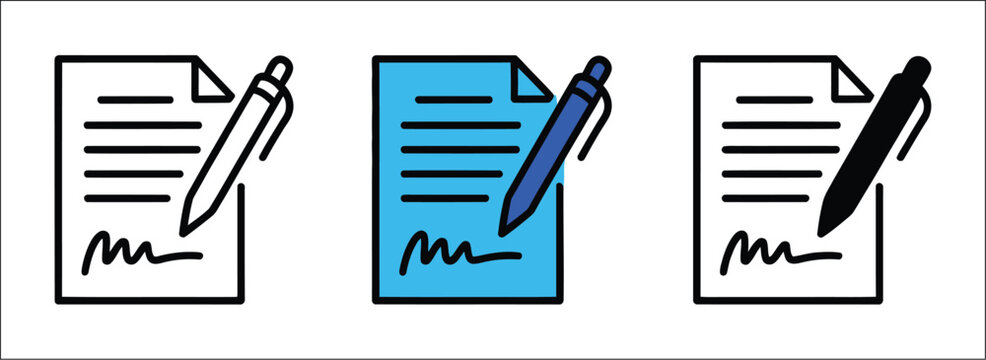 Pen signing contract icon set, business agreement signature document symbols, legal paperwork and management line art vector illustration for professional design