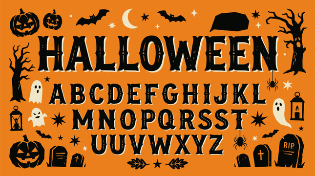 Halloween themed alphabet poster with seasonal decorative elements with bat