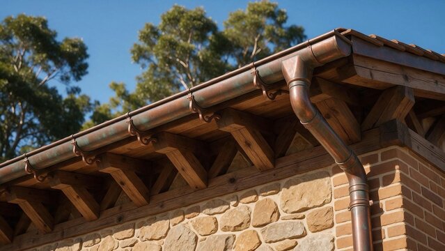 Sistema de canalones y bajantes de cobre instalados en el alero de una casa r&uacute;stica de piedra y ladrillo, con vigas de madera a la vista y fondo de &aacute;rboles y cielo azul. Canal&oacute;n de cobre en casa rural