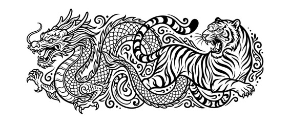 Fototapeta premium Mythical Dragon and Tiger Combat Design