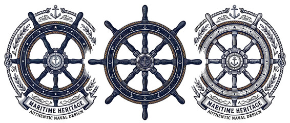 Nautical Ship Wheels with Maritime Design Elements © rabiah