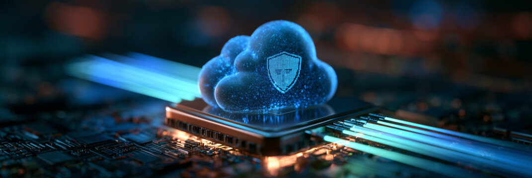 shield icon on a glowing digital cloud, sitting on a microchip processor representing cloud data and computing security, network and data protection