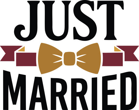 Just married typography design featuring a stylish golden bow tie icon for wedding celebration cards and romantic event decorations