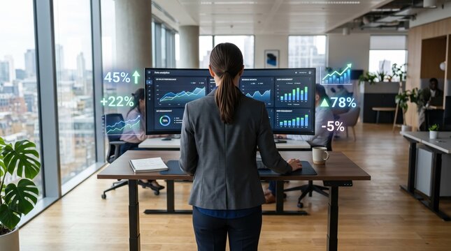 Businesswoman standing at ergonomic desk viewing multiple data screens with floating holographic statistics, modern smart office, future of work, productivity concept