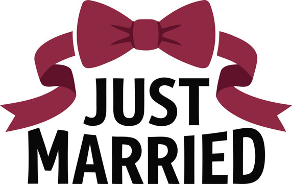 Decorative just married text graphic featuring a stylish maroon bow tie element for wedding celebration design projects and cards