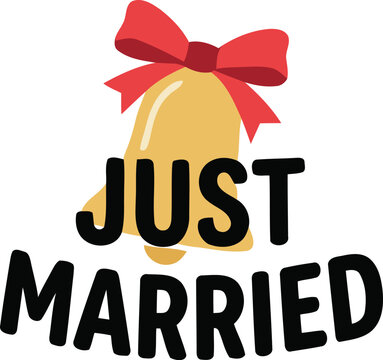 A festive just married graphic featuring a golden wedding bell topped with a bright red bow for romantic celebration designs