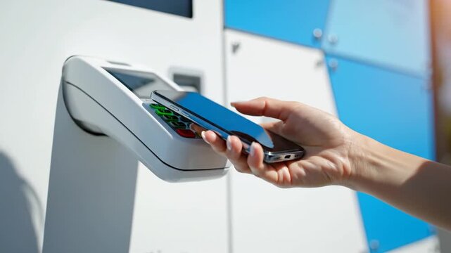 A person uses their smartphone to make a contactless payment at a public kiosk terminal. The sequence shows the phone held near the NFC reader until the transaction is complete.