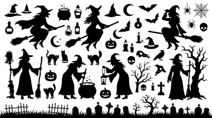 Fototapeta premium Halloween themed silhouettes with Black white silhouettes witches cauldron