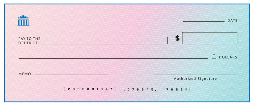 Blank personal cheque template with pastel gradient background, dollar sign, pay to order line, and MICR code. Perfect for personal finance and payment design concepts.