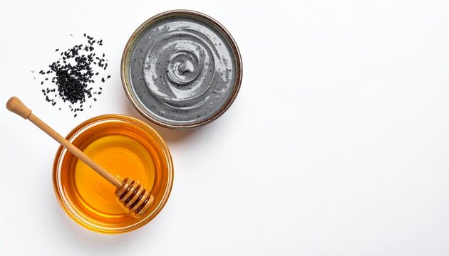 薬膳・黒ごまペースト・はちみつ・白背景・デザート系・美容食・アンチエイジング・スイーツ素材・フラットレイ／Yakuzen beauty dessert flat lay, black sesame paste with golden honey on white background, anti-aging Japanese wellness sweet stock photo, healthy 