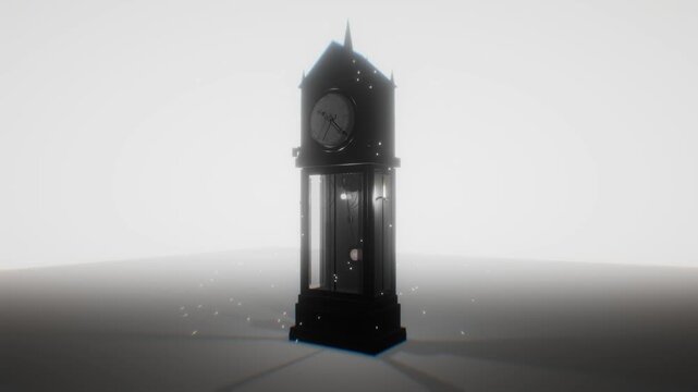 Dark grandfather clock stands surrounded by thick white misty fog and floating light dust in a monochrome 3D animation