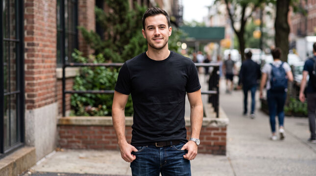 Smiling Young Man Standing on City Sidewalk. 