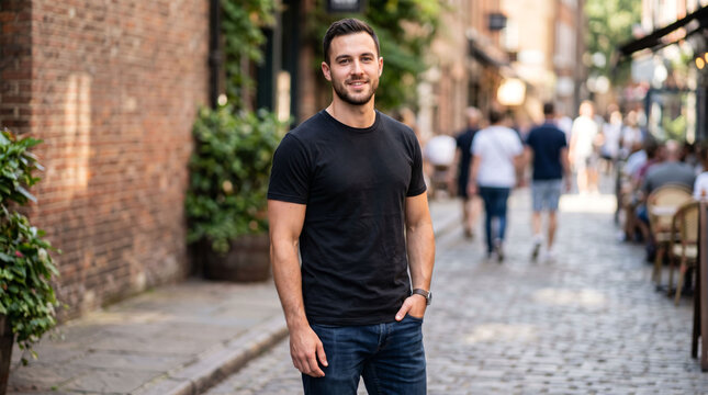 Man Standing on Cobblestone Street in Historic Town. 