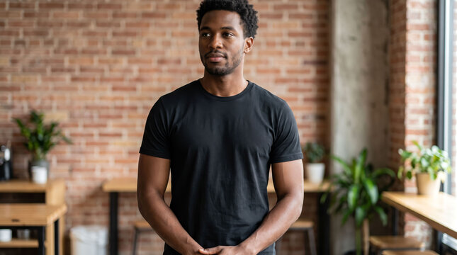 Thoughtful Black Man Standing in Loft with Brick Wall. 