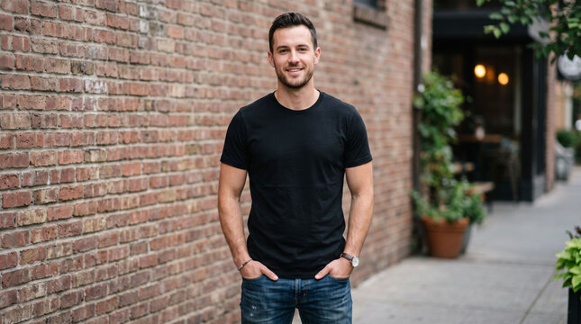 Smiling Man in Black T-Shirt Standing Against Brick Wall. 