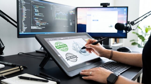 Professional graphic designer working on digital drawing tablet in modern office, creating quality approved stamps and final review badges, dual monitor setup with code