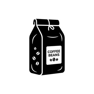 Black coffee beans bag icon with transparent background for cafe and retail design.