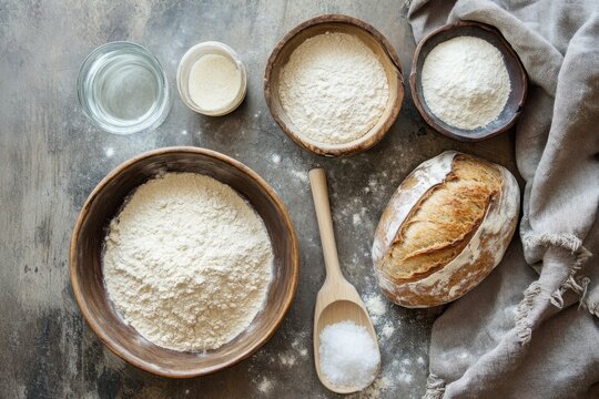 Flour, starter, and other baking essentials arranged for a homemade sourdough loaf