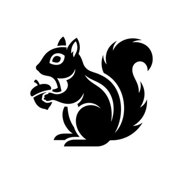 Cute squirrel silhouette icon holding acorn in solid black for nature and wildlife illustration.