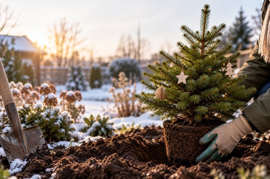 Replanting a living Christmas tree after the holidays, sustainable eco-friendly tradition and second life concept