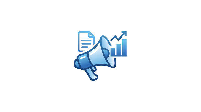 Blue megaphone icon with marketing growth chart and document representing advertising strategy, campaign promotion, and business sales increase