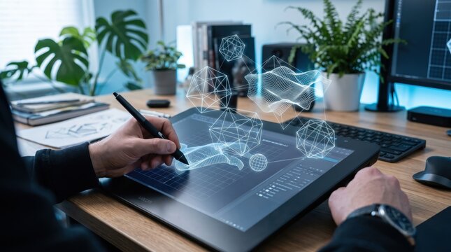 Creative designer using digital pen tablet for 3D modeling and wireframe design, futuristic holographic geometric shapes floating above screen in modern office workspace