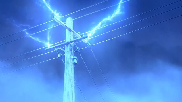 Lightning arcs around a wooden utility pole and power lines beneath a dark stormy sky